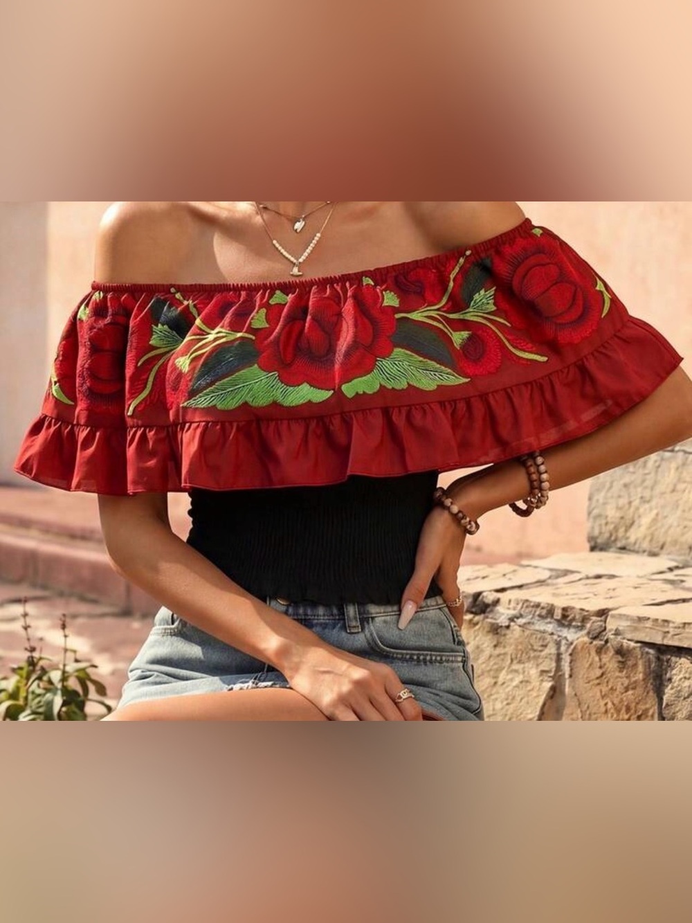 Off-Shoulder Red Floral Ruffle Women's Top
